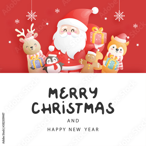 Christmas card, celebrations with Santa and friends, Christmas scene in paper cut style vector illustration. 