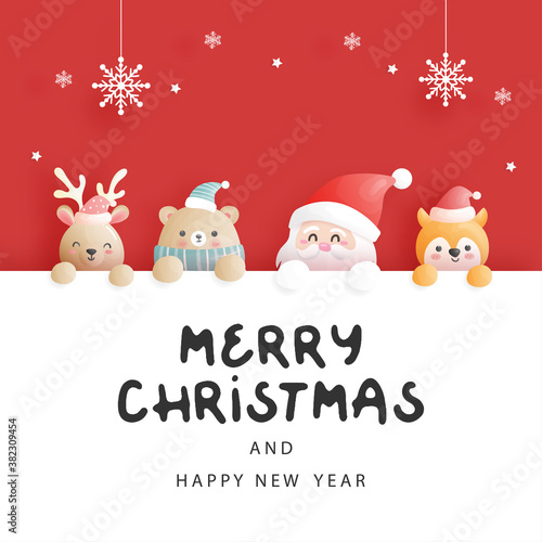 Christmas card, celebrations with Santa and friends, Christmas scene in paper cut style vector illustration. 