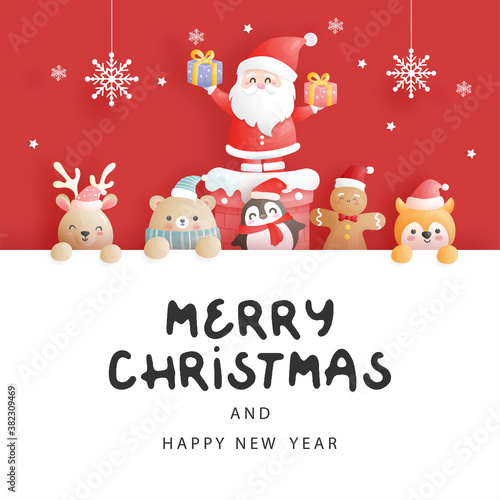 Christmas card, celebrations with Santa and friends, Christmas scene in paper cut style vector illustration. 