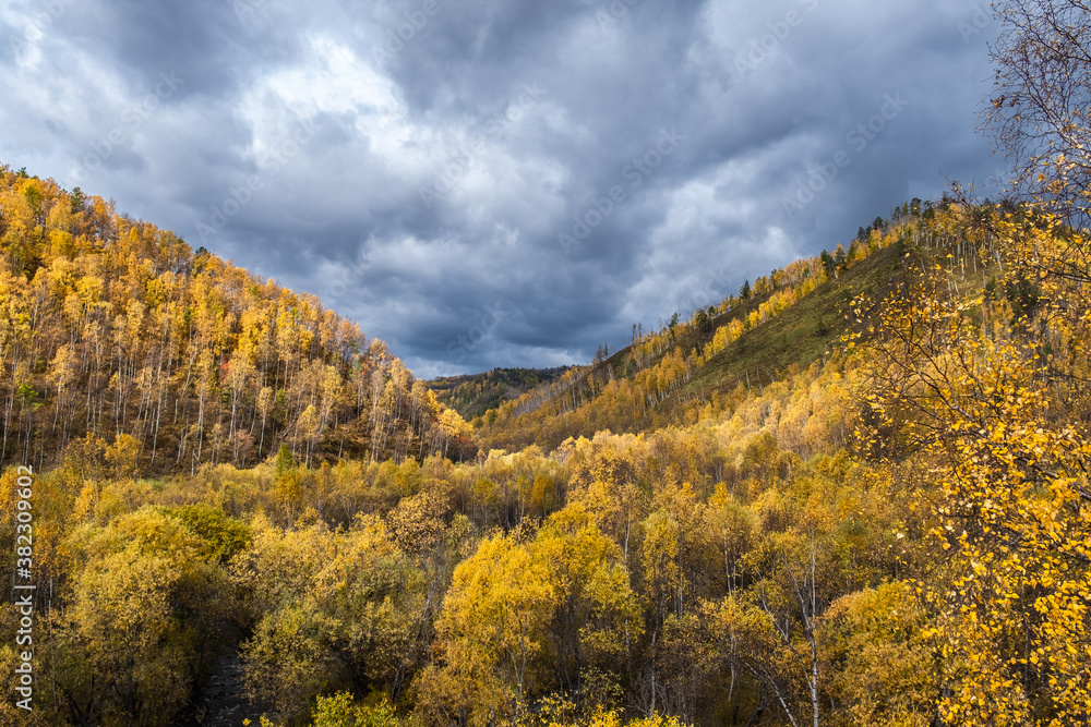 Dramatic stormy sky in the mountains in autumn. Picturesque autumn landscape with colorful bright forest.