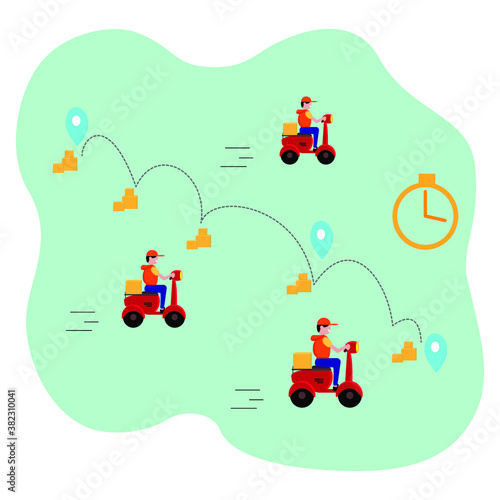 Fast delivery by motorcycle or scooter. Couriers quickly deliver the goods to the buyer. Food service. Express transportations concept. Vector illustration. Flat style.