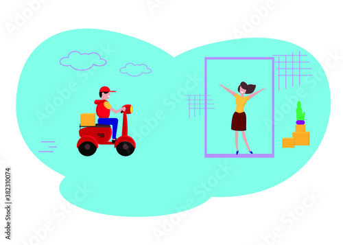Fast delivery parcel by motorcycle or scooter to door. Courier quickly deliver the goods to the buyer. Express transportations concept. Vector illustration. Flat style.
