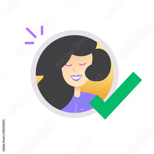 User account approved check mark icon vector, logging avatar with checkmark symbol, concept of validation select, confirmation choose, profile done tick, correct valid people choice, poll vote tick