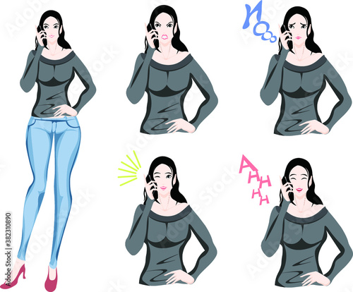 女性 スマホ 表情 人物 素材イラスト2
