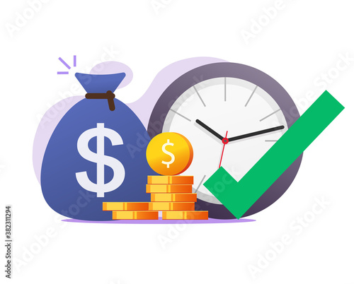 Opportunity right time moment to make or earn money vector concept, correct chance to gain financial invest profit flat illustration, earning timer clock with check mark tick as good time become rich