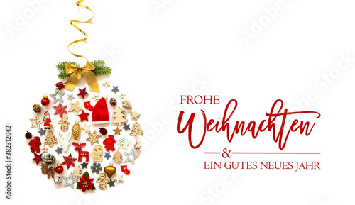 Christmas Ball Build Of Vairous Christmas Decoration And Ornaments. German Text Frohe Weihnachten Und Ein Gutes Neues Jahr Means Merry Christmas And A Happy New Year. White Isolated Background