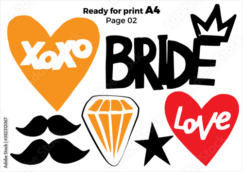 Wedding photo booth props isolated vector illustration on white background. Bride team party photo set t-shirt print. Bachelorette party logo. Speech bridal props collection. Ready for print A4 page 2