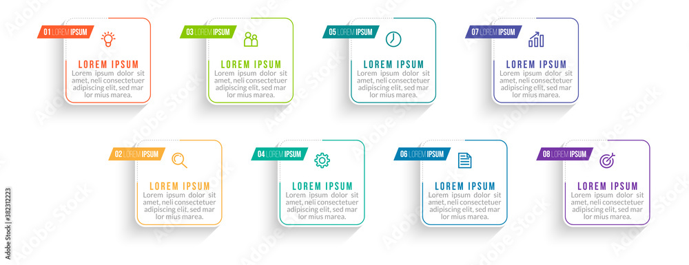 Minimal Business Infographics template. Timeline with 8 steps, options and marketing icons .Vector linear infographic with eight conected elements. Can be use for presentation. Minimal Business Infographics template. Timeline with 8 steps, options and marketing icons .Vector linear infographic with eight conected elements. Can be use for presentation.