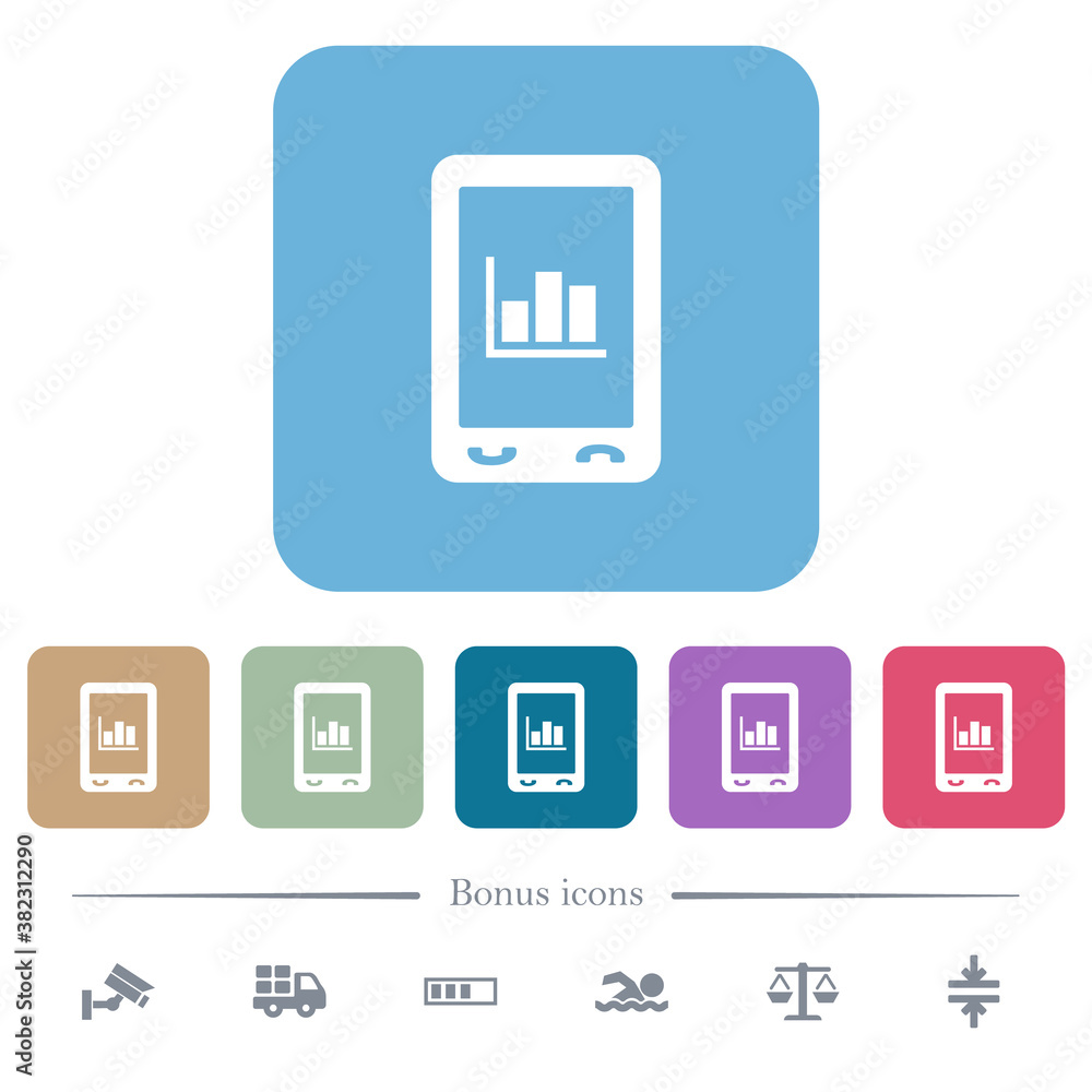 Mobile statistics flat icons on color rounded square backgrounds Mobile statistics flat icons on color rounded square backgrounds