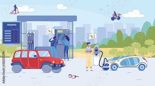 Stress Lifestyle Situation at City Patrol Station. Screaming Man Getting Angry because of Money Lack to Refuel Car. Calm Guy Recharging Smart Electric Automobile Ecologically Clean Economic Transport