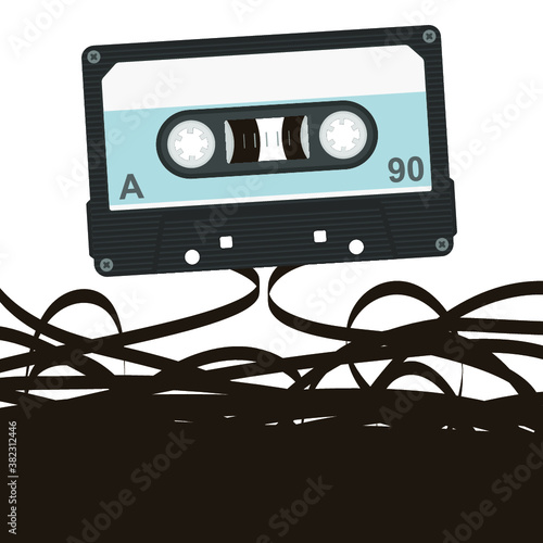 cassette with unwound film vector illustration, isolated on blue sky background.
