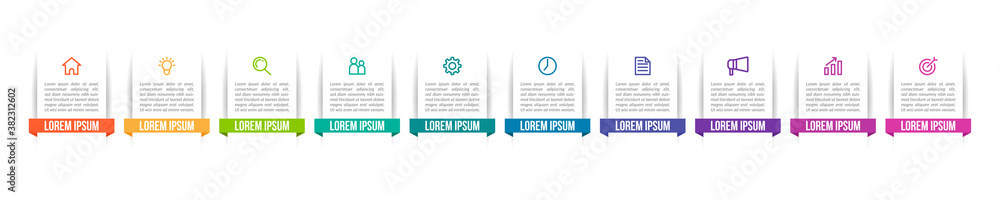 Minimal Business Infographics template. Timeline with 10 steps, options and marketing icons .Vector linear infographic with ten conected elements. Can be use for presentation.