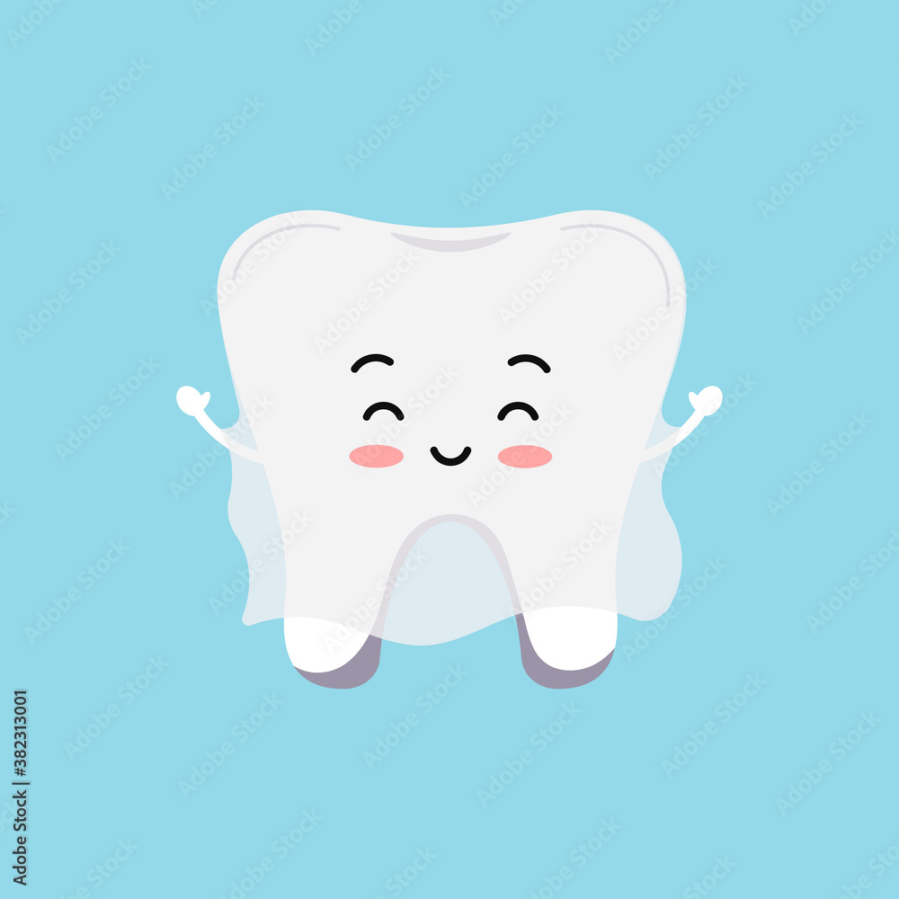 Cute tooth in ghost costume icon isolated on background. White smilling tooth in Halloween carnival costume - dental character for dentist halloween card. Flat design cartoon vector illustration. Cute tooth in ghost costume icon isolated on background. White smilling tooth in Halloween carnival costume - dental character for dentist halloween card. Flat design cartoon vector illustration.