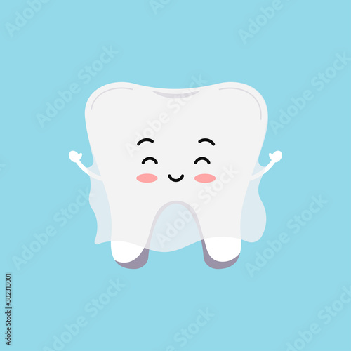 Cute tooth in ghost costume icon isolated on background. White smilling tooth in Halloween carnival costume - dental character for dentist halloween card. Flat design cartoon vector illustration.