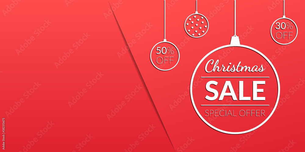 Christmas sale concept, new year discounts. Vector banners for advertising, social networks, the Internet. White linear toys, decorations in a minimalistic flat style on a red background. Copyspace