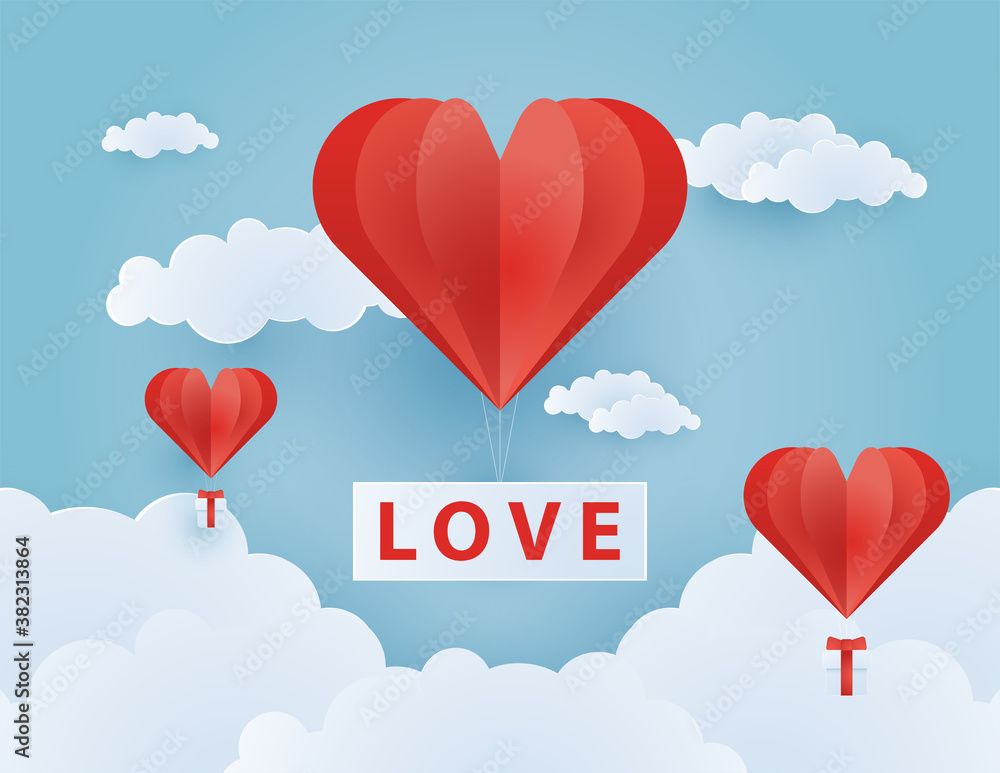Origami made hot air balloon flying on the sky with heart float on the sky, illustration of love and valentine day, vector paper art and craft style illustration.