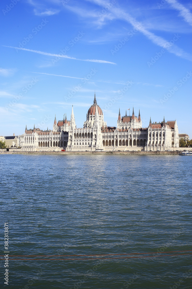 Budapest parliament landscape, tourist view of the capital of hungary in europe, architecture landscape