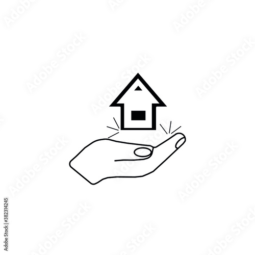 Home vector icon. With the symbol of the house floating in hand. Love your family at home, save money to buy a house. Stripes and white background.