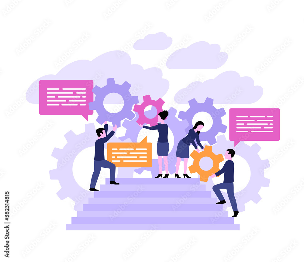 Support management and business working process conceptual illustration - people group (working team) with gears, stairs, dialog boxes and clouds on background - vector concept Support management and business working process conceptual illustration - people group (working team) with gears, stairs, dialog boxes and clouds on background - vector concept