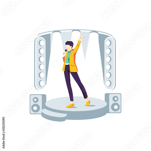 Popular singer performing on stage. Guy singing song at karaoke bar, night club or live concert with microphone. Vocalist participating in talent show flat vector illustration on white background
