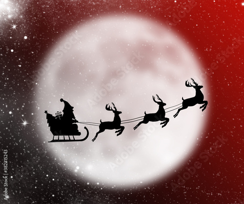 Christmas card with santa claus, reindeer, sleigh, gift and christmas tree on the background of the big moon in the night moonlight, stars and snow. Illustration.Copy space for text