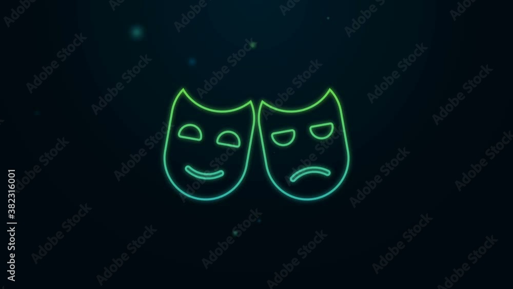 Glowing neon line Comedy and tragedy theatrical masks icon isolated on black background. 4K Video motion graphic animation Glowing neon line Comedy and tragedy theatrical masks icon isolated on black background. 4K Video motion graphic animation
