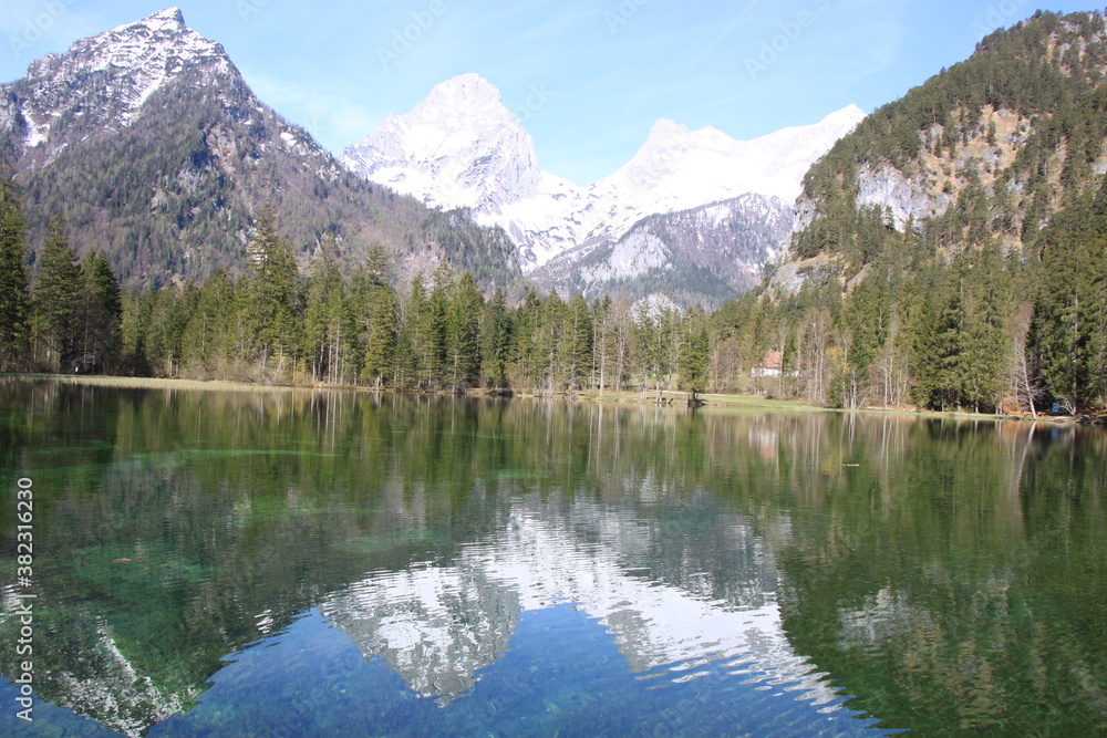 Schiederweiher - beautiful lake in Austria with snowy mountains in background