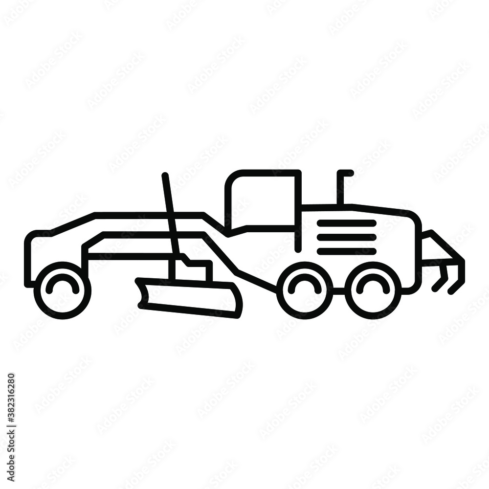Motor Grader icon. Isolated vector of construction equipment. 
Heavy equipment vehicles. Illustration of outline icon on white background. 
Perfect use for icons, web, patterns, designs, etc.