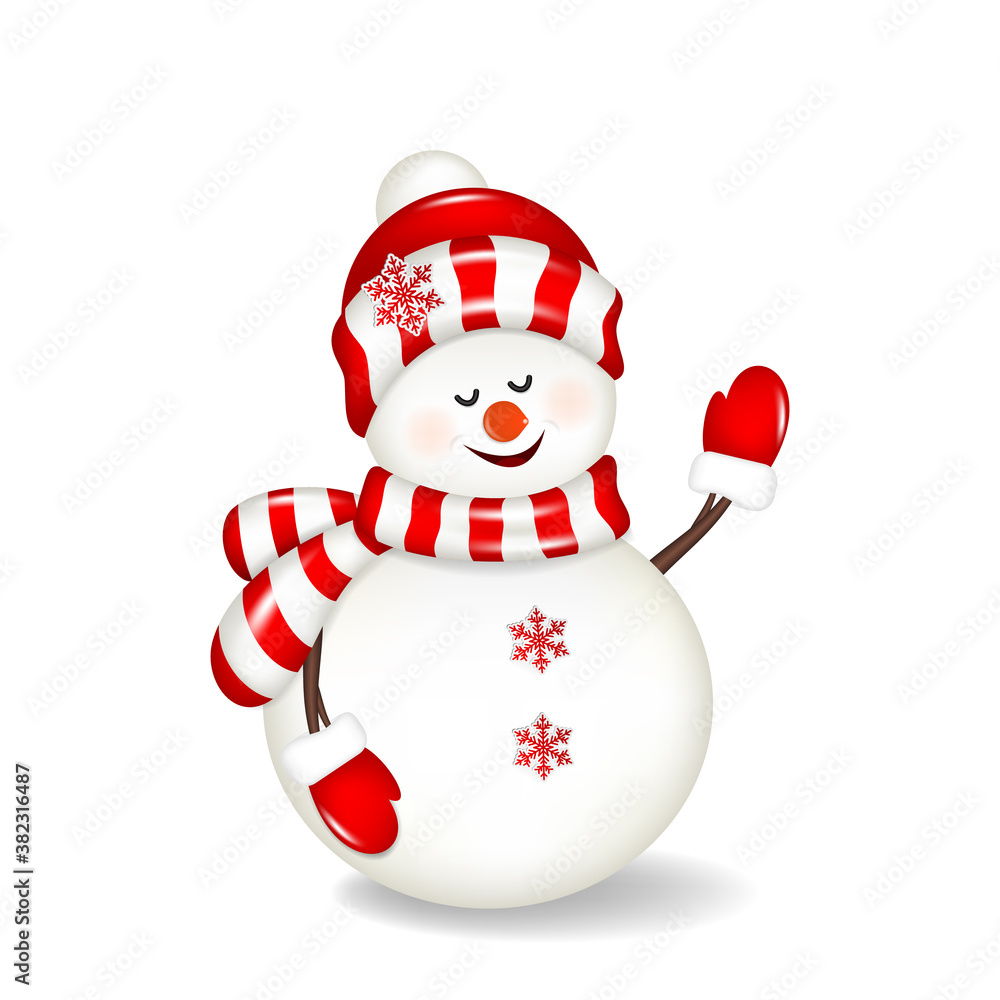 Snowman with red hat and scarf, isolated on white.