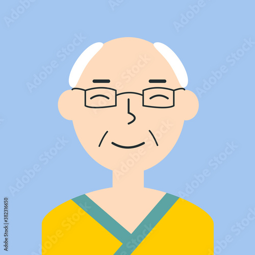 Flat color grandfather portrait. Old man Asian ethnicity face avatar. Characters for web, video game, account, vector icon.