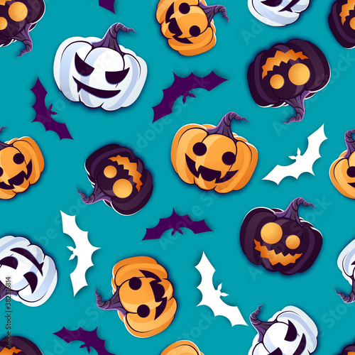 Halloween seamless pattern with jack o lantern and bat. Vector illustration