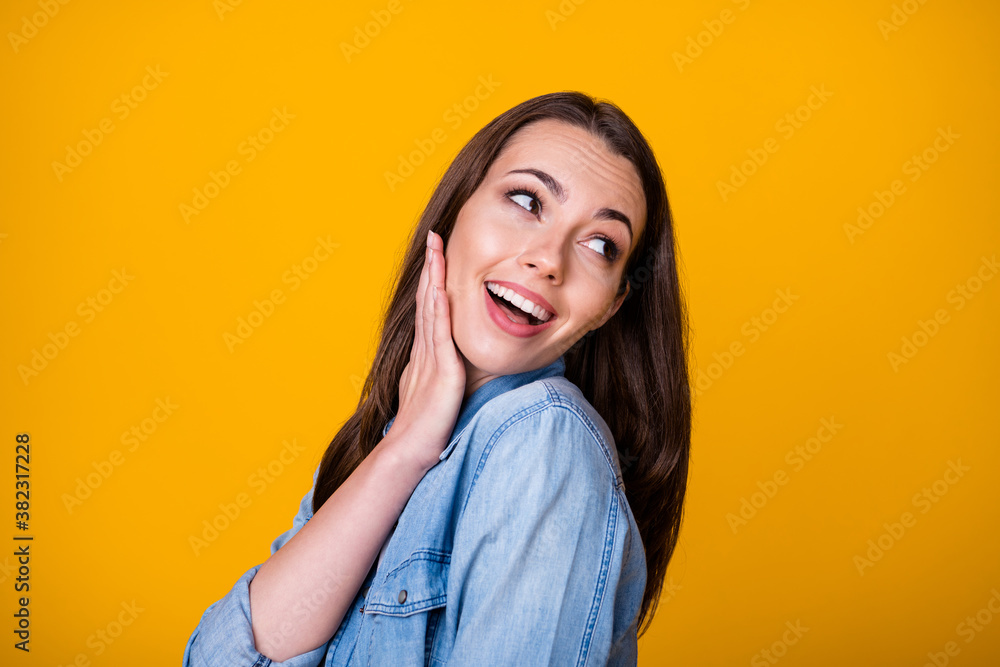 Close up photo of lovely cute excited girl touch her face hand look copyspace want attract pretty guy wear casual style clothes isolated over vibrant color background Close up photo of lovely cute excited girl touch her face hand look copyspace want attract pretty guy wear casual style clothes isolated over vibrant color background