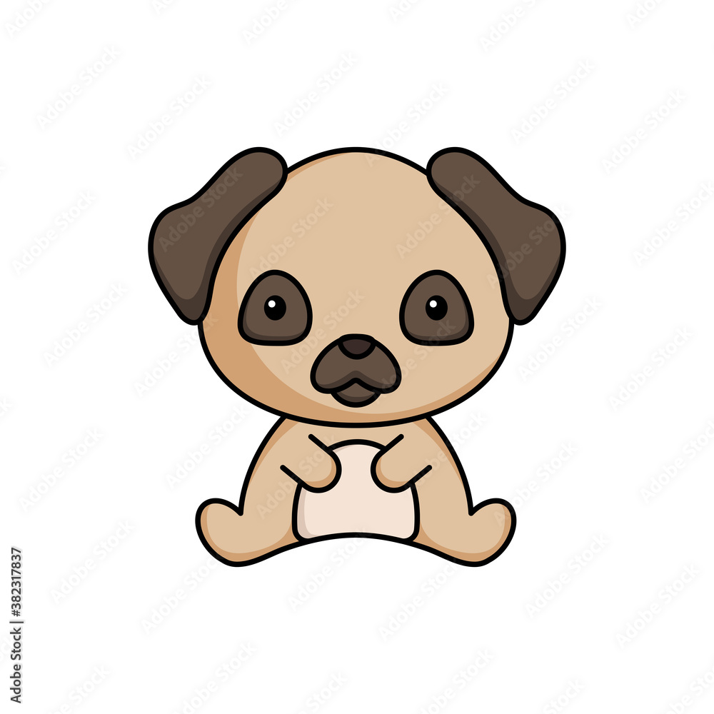 Obraz premium Cute business pug dog icon on white background. Mascot cartoon animal character design of album, scrapbook, greeting card, invitation, flyer, sticker, card. Flat vector stock illustration.