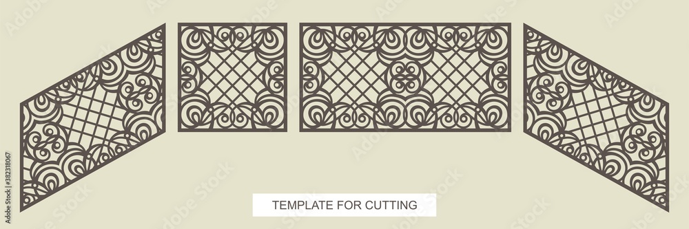 Stair railings - square, rectangular and diagonal (top to bottom). A gate or fence with lace ornament and lattice in the center. Vector template for laser plotter cutting metal, wood, plywood (cnc). - obrazy, fototapety, plakaty 