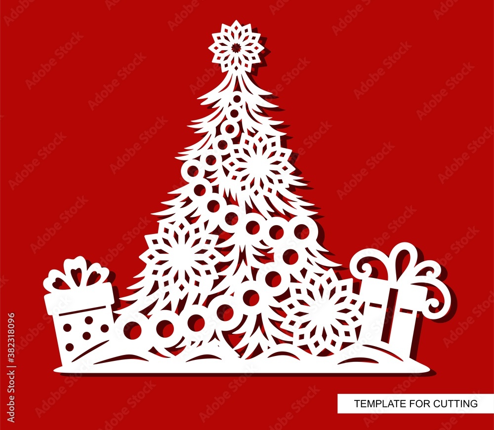 Silhouette of a festive Christmas tree with garlands balls, snowflakes,  stars and gifts. Template for laser cutting (cnc), wood carving, paper cut  or printing. Vector illustration. Stock Vector | Adobe Stock