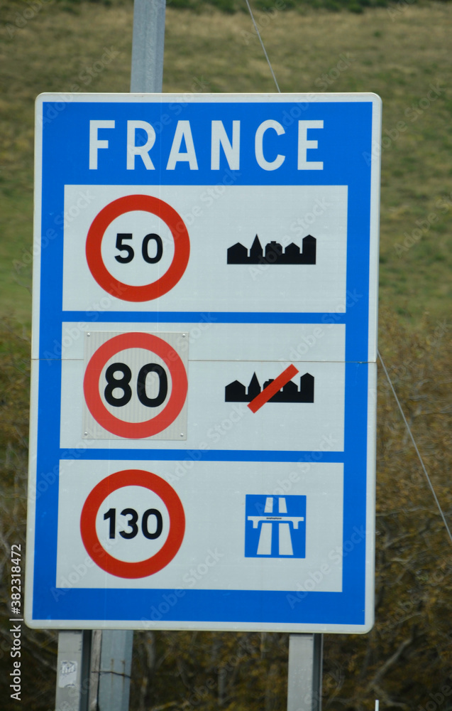 FRANCE WITH THE BORDER OF SPAIN, EUROPE, SEPTEMBER 2020. Informational poster or sign of the driving measures in France placed on the border of the Pyrenees that separates France from Catalonia, Spain FRANCE WITH THE BORDER OF SPAIN, EUROPE, SEPTEMBER 2020. Informational poster or sign of the driving measures in France placed on the border of the Pyrenees that separates France from Catalonia, Spain