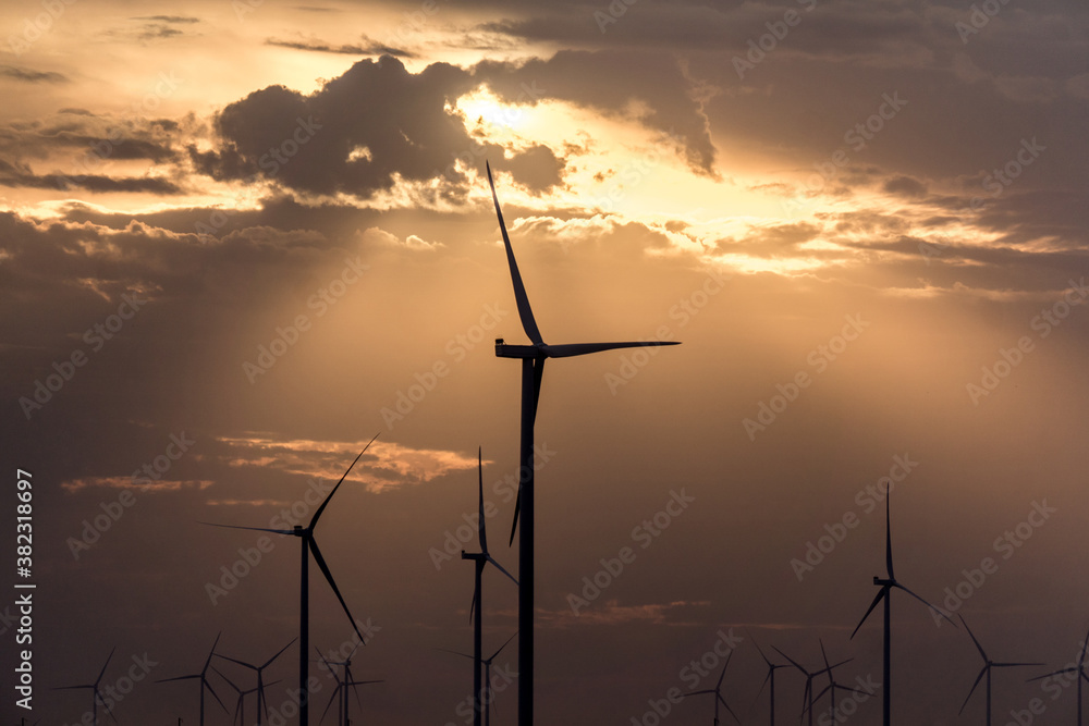 Wind farm on the Pink lake in Ukraine
