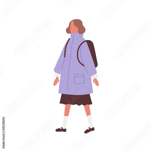 Girl wearing violet coat. Faceless female character walking with backpack. Schoolgirl in warm outwear. Flat vector cartoon isolated illustration isolated on white background