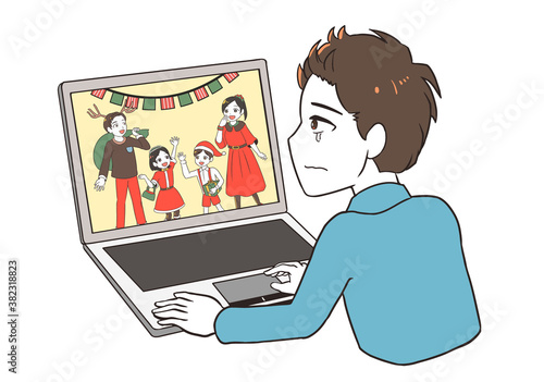 オンラインでクリスマスを見て涙が出る男性
