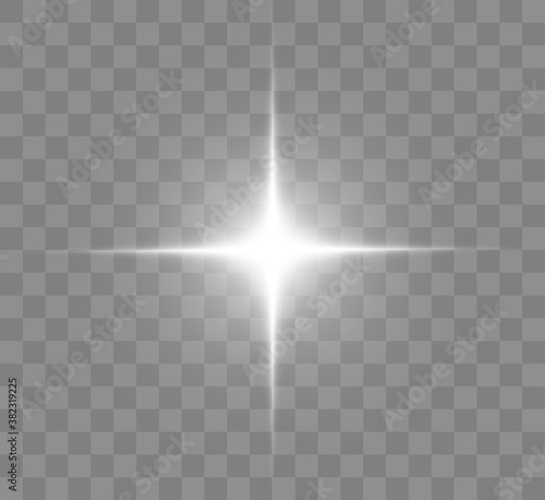 White glowing light explodes on a transparent background. Bright Star. Transparent shining sun, bright flash. Vector graphics.	