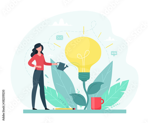 A young woman is watering the plant with a light bulb. Creative idea, education, investing in idea concept. Vector illustration in flat style.