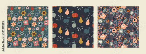 Set of vector colorful natural seamless patterns with flowers, leaves and fruits.