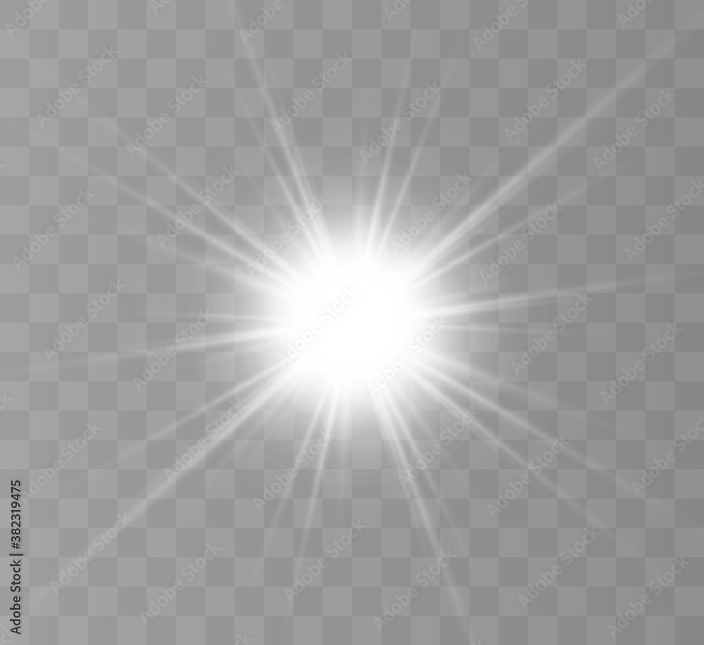 White glowing light explodes on a transparent background. Bright Star. Transparent shining sun, bright flash. Vector graphics. White glowing light explodes on a transparent background. Bright Star. Transparent shining sun, bright flash. Vector graphics.