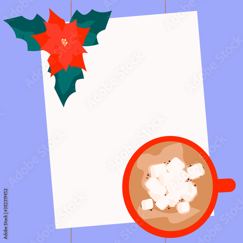 Template for the menu, recipes, winter, christmas specials and other information. Vector flat illustration with a mug of hot chocolate with paper marshmallows and poinsettia on a purple background.