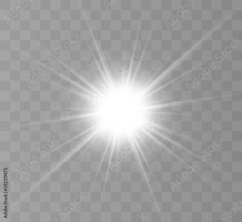 White glowing light explodes on a transparent background. Bright Star. Transparent shining sun  bright flash. Vector graphics. 