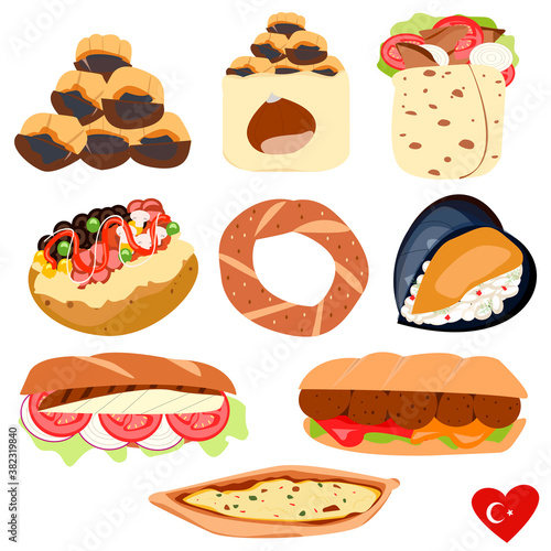 Big vector set of national Turkish street food isolated on white background. 