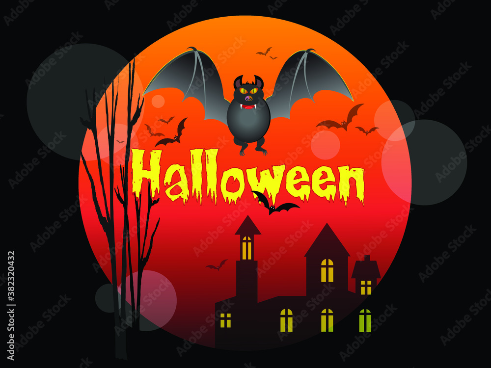 Happy Halloween cute funny cartoon poster. Vector illustration with the image of the bat character Dracula, a house with glowing windows and an inscription for congratulations on the holiday, postcard