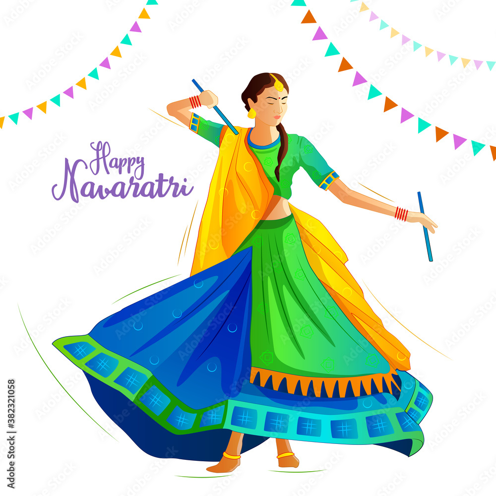 Illustration of a girl playing Garba and Dandiya in Navratri ...