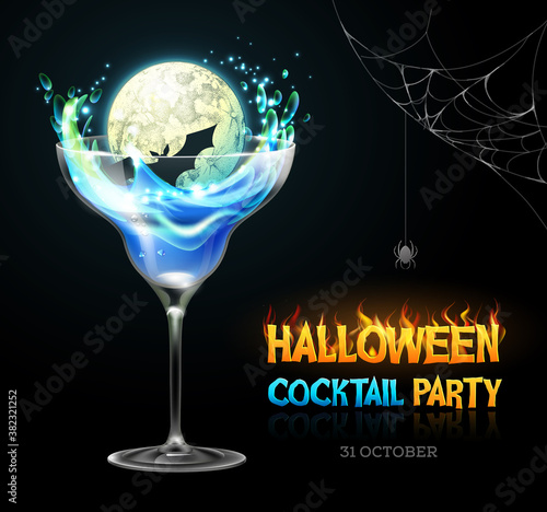Halloween poison with full moon. Halloween cocktail party poster. Realistic cocktail glass isolated on transparent background