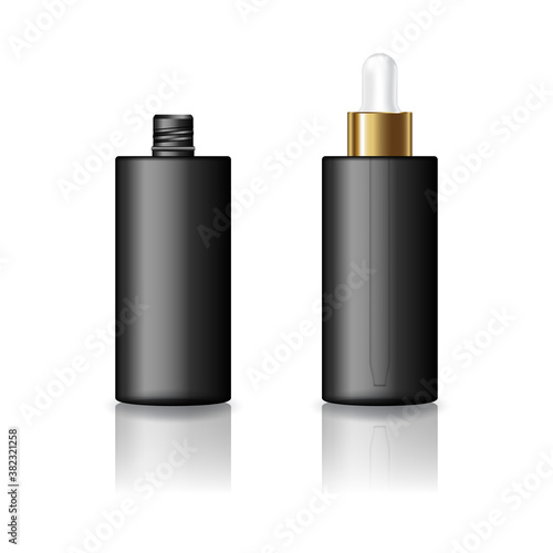 Blank black cylinder cosmetic bottle with white-gold dropper lid product mockup template.